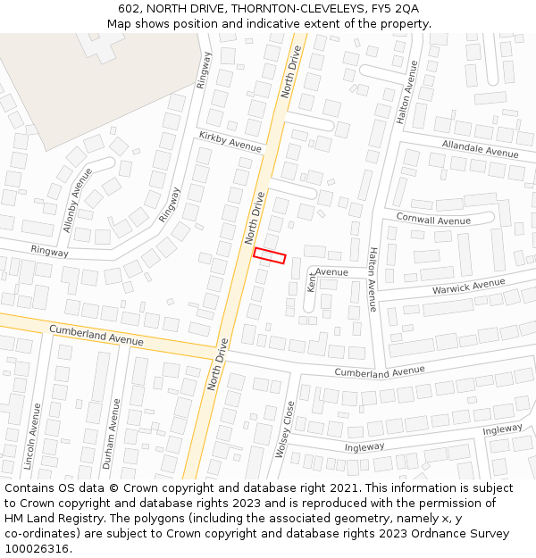 602, NORTH DRIVE, THORNTON-CLEVELEYS, FY5 2QA: Location map and indicative extent of plot