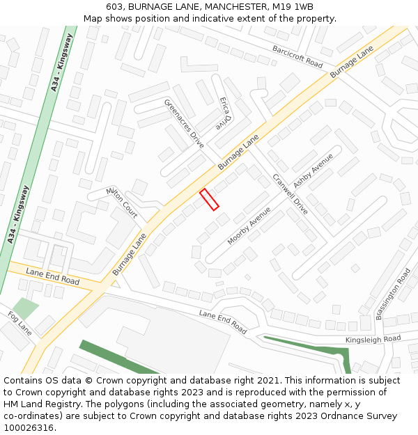 603, BURNAGE LANE, MANCHESTER, M19 1WB: Location map and indicative extent of plot