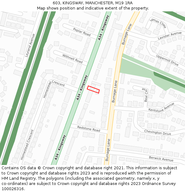 603, KINGSWAY, MANCHESTER, M19 1RA: Location map and indicative extent of plot