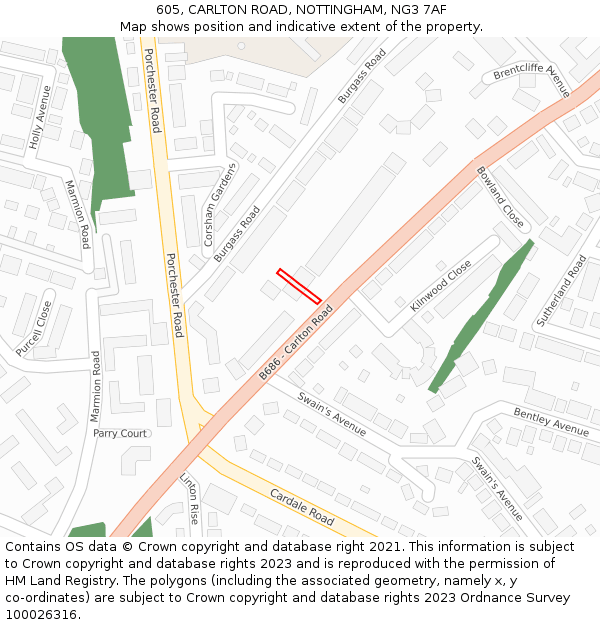 605, CARLTON ROAD, NOTTINGHAM, NG3 7AF: Location map and indicative extent of plot