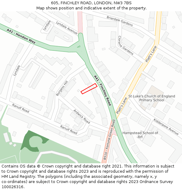 605, FINCHLEY ROAD, LONDON, NW3 7BS: Location map and indicative extent of plot