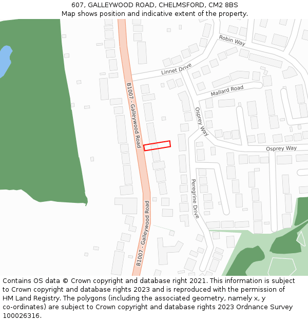 607, GALLEYWOOD ROAD, CHELMSFORD, CM2 8BS: Location map and indicative extent of plot