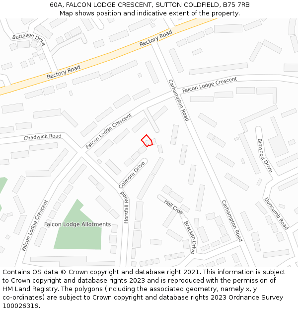 60A, FALCON LODGE CRESCENT, SUTTON COLDFIELD, B75 7RB: Location map and indicative extent of plot