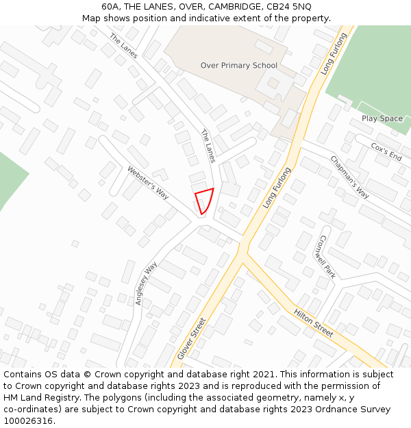 60A, THE LANES, OVER, CAMBRIDGE, CB24 5NQ: Location map and indicative extent of plot