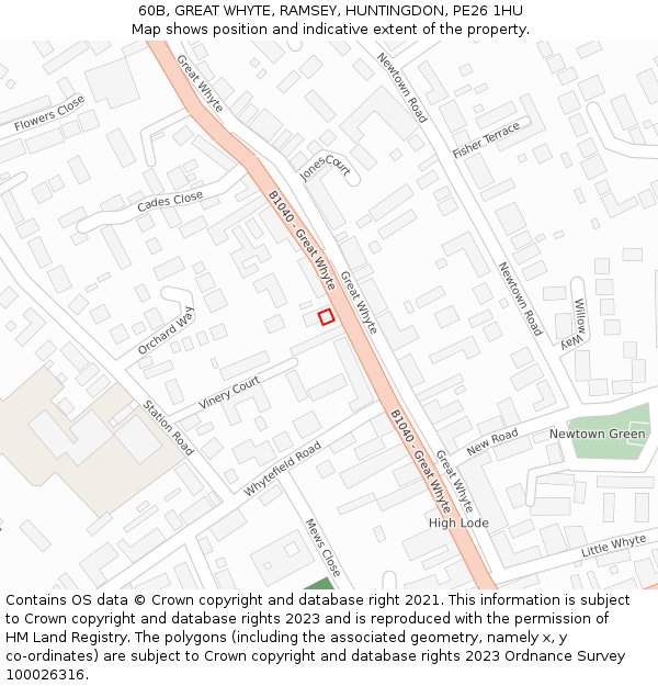 60B, GREAT WHYTE, RAMSEY, HUNTINGDON, PE26 1HU: Location map and indicative extent of plot