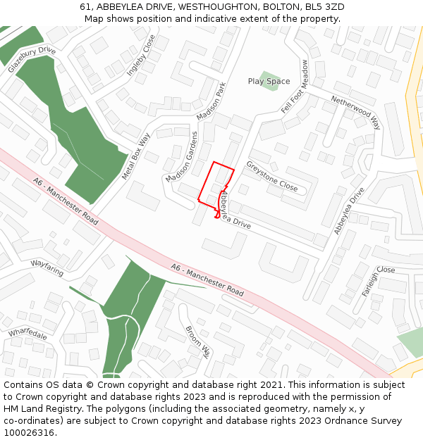 61, ABBEYLEA DRIVE, WESTHOUGHTON, BOLTON, BL5 3ZD: Location map and indicative extent of plot