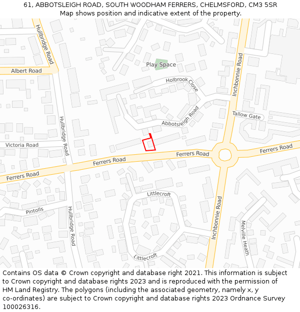 61, ABBOTSLEIGH ROAD, SOUTH WOODHAM FERRERS, CHELMSFORD, CM3 5SR: Location map and indicative extent of plot