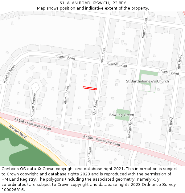 61, ALAN ROAD, IPSWICH, IP3 8EY: Location map and indicative extent of plot