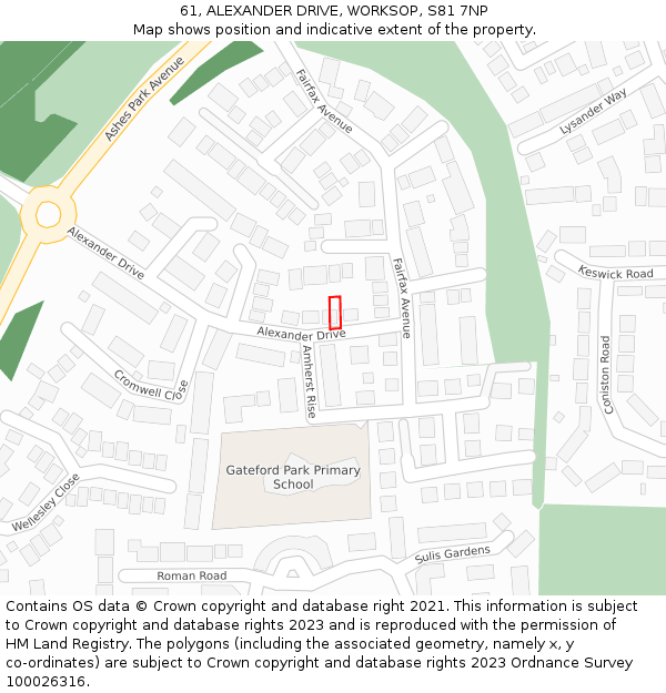 61, ALEXANDER DRIVE, WORKSOP, S81 7NP: Location map and indicative extent of plot