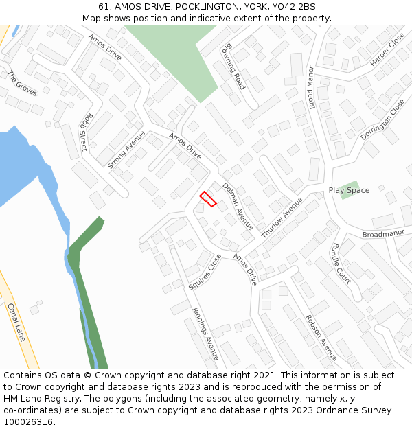 61, AMOS DRIVE, POCKLINGTON, YORK, YO42 2BS: Location map and indicative extent of plot