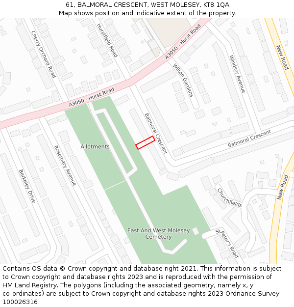 61, BALMORAL CRESCENT, WEST MOLESEY, KT8 1QA: Location map and indicative extent of plot