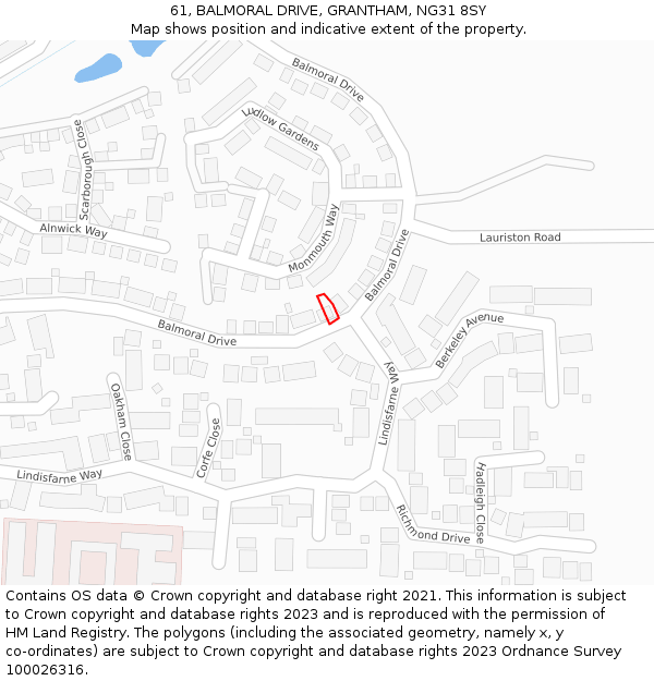 61, BALMORAL DRIVE, GRANTHAM, NG31 8SY: Location map and indicative extent of plot