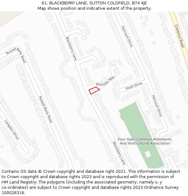 61, BLACKBERRY LANE, SUTTON COLDFIELD, B74 4JE: Location map and indicative extent of plot