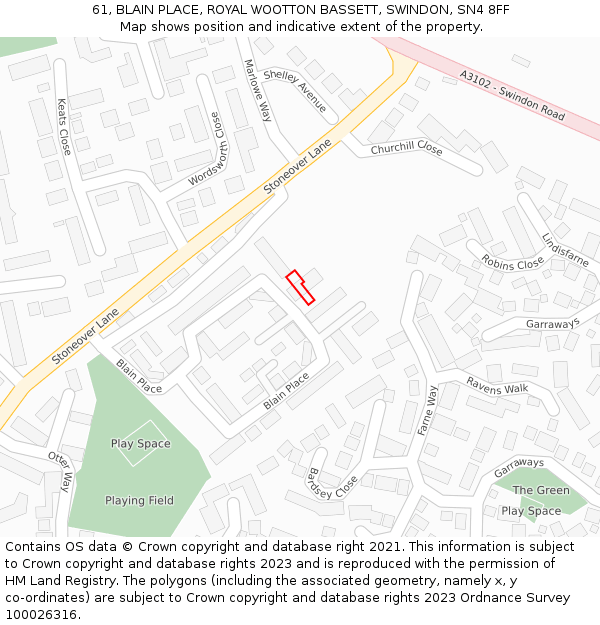 61, BLAIN PLACE, ROYAL WOOTTON BASSETT, SWINDON, SN4 8FF: Location map and indicative extent of plot