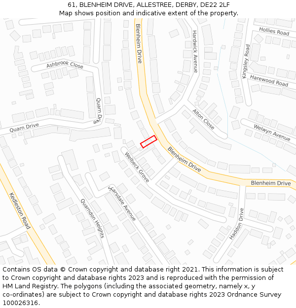 61, BLENHEIM DRIVE, ALLESTREE, DERBY, DE22 2LF: Location map and indicative extent of plot