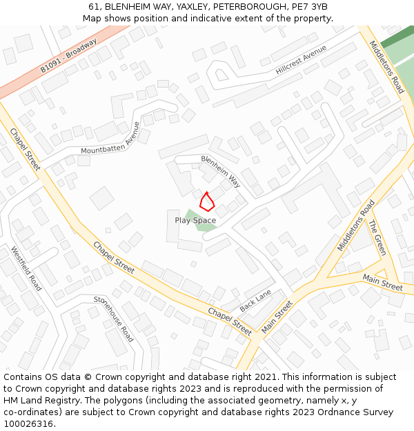 61, BLENHEIM WAY, YAXLEY, PETERBOROUGH, PE7 3YB: Location map and indicative extent of plot