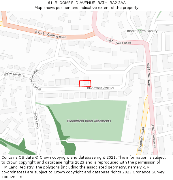 61, BLOOMFIELD AVENUE, BATH, BA2 3AA: Location map and indicative extent of plot