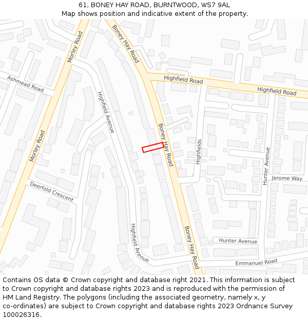 61, BONEY HAY ROAD, BURNTWOOD, WS7 9AL: Location map and indicative extent of plot