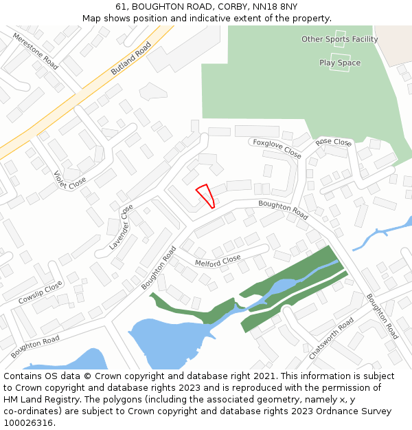 61, BOUGHTON ROAD, CORBY, NN18 8NY: Location map and indicative extent of plot