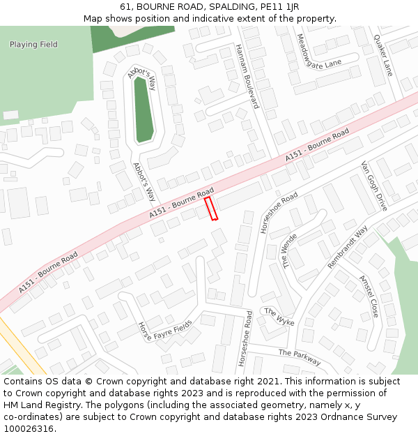 61, BOURNE ROAD, SPALDING, PE11 1JR: Location map and indicative extent of plot