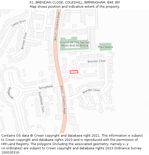 61, BRENDAN CLOSE, COLESHILL, BIRMINGHAM, B46 3EF: Location map and indicative extent of plot