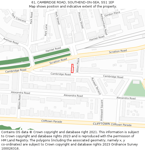 61, CAMBRIDGE ROAD, SOUTHEND-ON-SEA, SS1 1EP: Location map and indicative extent of plot