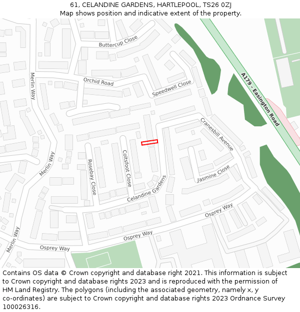 61, CELANDINE GARDENS, HARTLEPOOL, TS26 0ZJ: Location map and indicative extent of plot