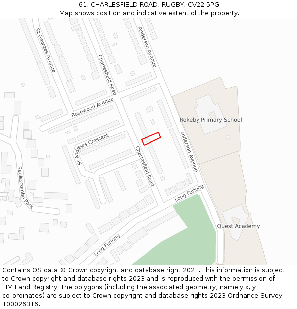 61, CHARLESFIELD ROAD, RUGBY, CV22 5PG: Location map and indicative extent of plot