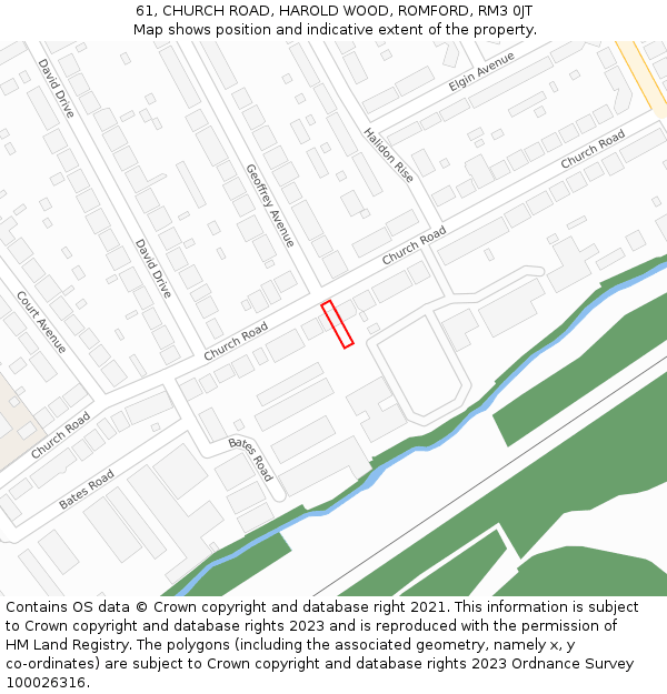 61, CHURCH ROAD, HAROLD WOOD, ROMFORD, RM3 0JT: Location map and indicative extent of plot