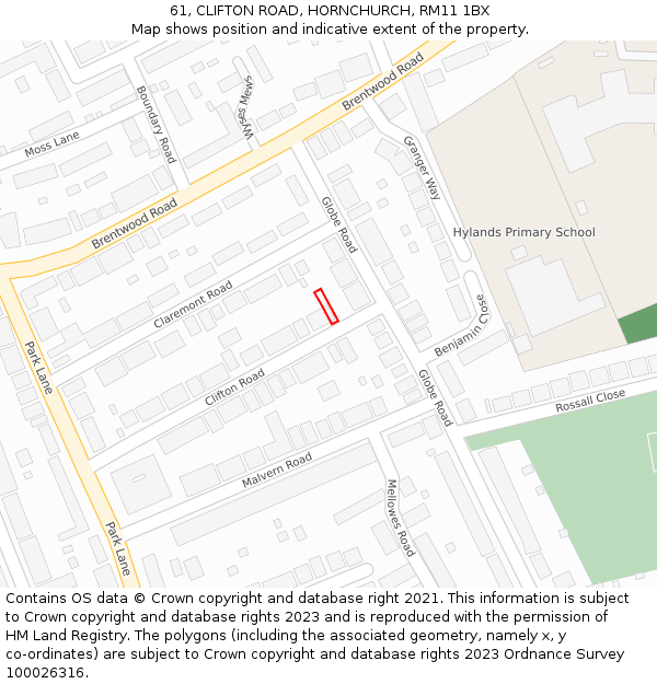 61, CLIFTON ROAD, HORNCHURCH, RM11 1BX: Location map and indicative extent of plot