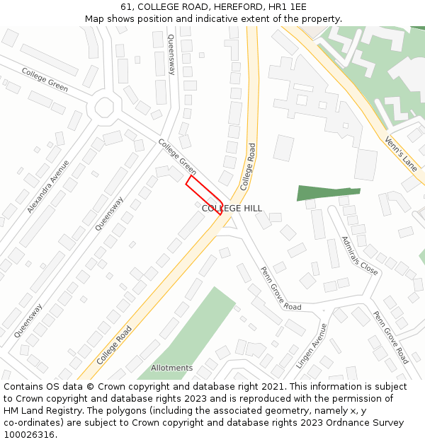 61, COLLEGE ROAD, HEREFORD, HR1 1EE: Location map and indicative extent of plot