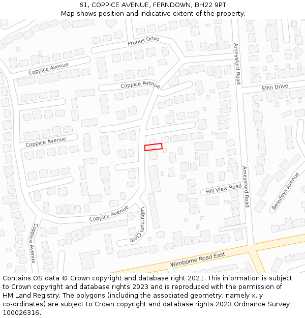 61, COPPICE AVENUE, FERNDOWN, BH22 9PT: Location map and indicative extent of plot