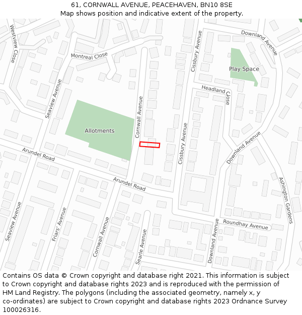 61, CORNWALL AVENUE, PEACEHAVEN, BN10 8SE: Location map and indicative extent of plot