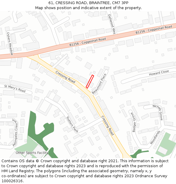 61, CRESSING ROAD, BRAINTREE, CM7 3PP: Location map and indicative extent of plot