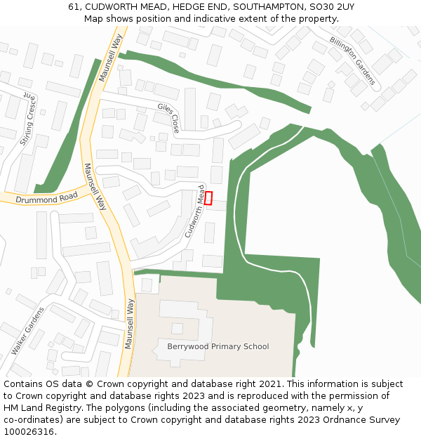61, CUDWORTH MEAD, HEDGE END, SOUTHAMPTON, SO30 2UY: Location map and indicative extent of plot