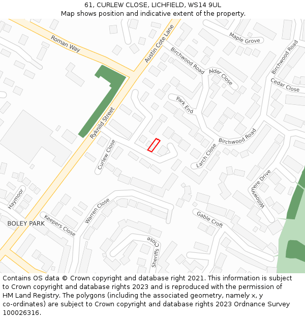 61, CURLEW CLOSE, LICHFIELD, WS14 9UL: Location map and indicative extent of plot