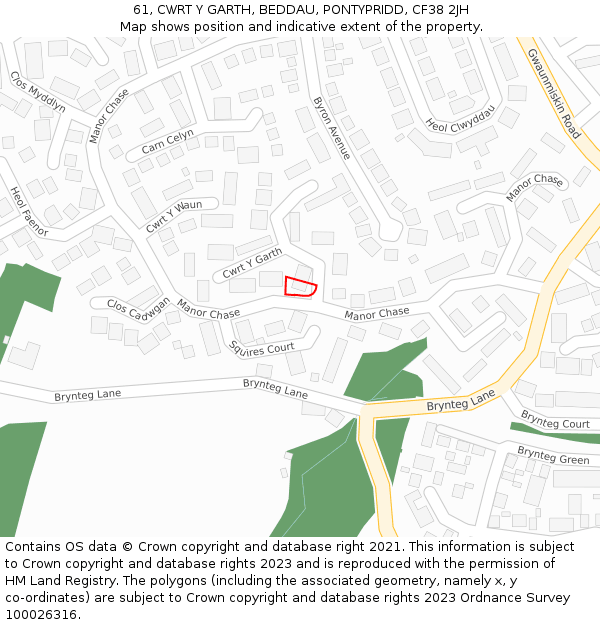 61, CWRT Y GARTH, BEDDAU, PONTYPRIDD, CF38 2JH: Location map and indicative extent of plot