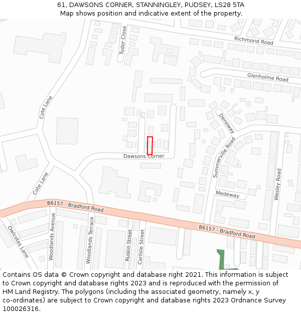 61, DAWSONS CORNER, STANNINGLEY, PUDSEY, LS28 5TA: Location map and indicative extent of plot