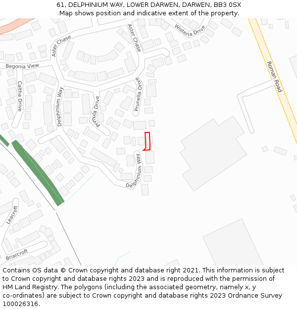 61, DELPHINIUM WAY, LOWER DARWEN, DARWEN, BB3 0SX: Location map and indicative extent of plot