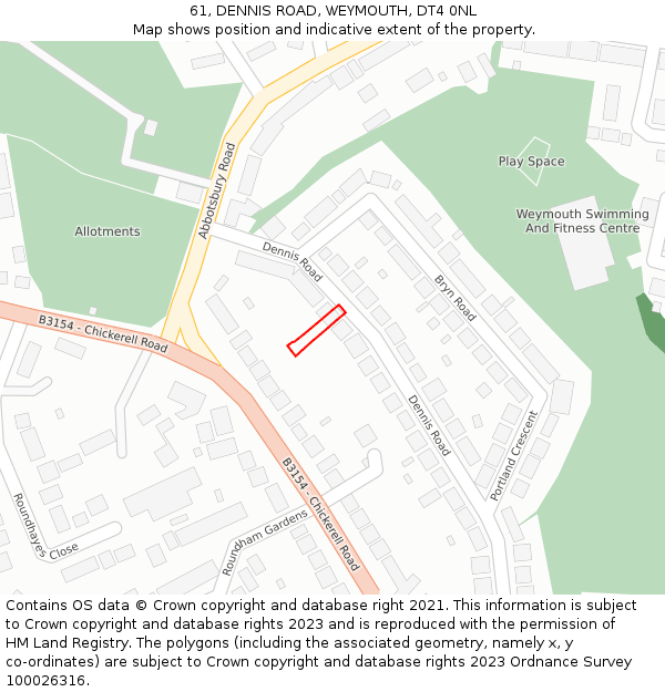 61, DENNIS ROAD, WEYMOUTH, DT4 0NL: Location map and indicative extent of plot