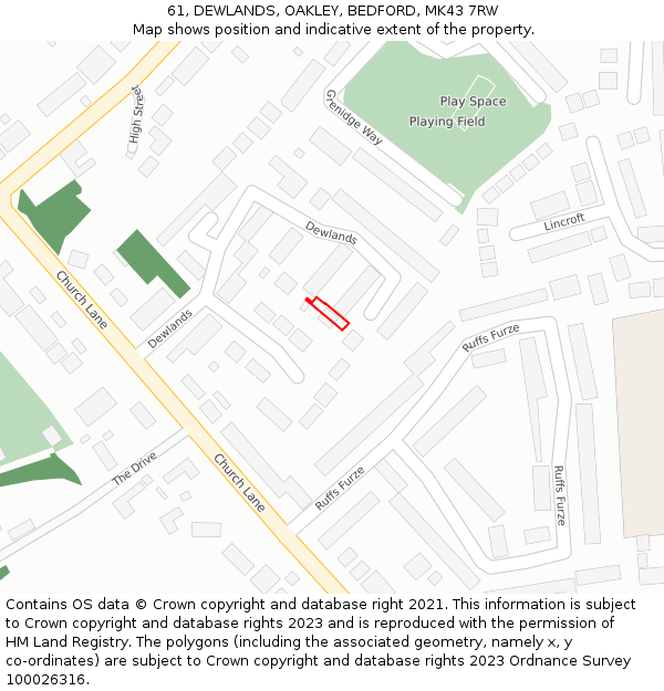 61, DEWLANDS, OAKLEY, BEDFORD, MK43 7RW: Location map and indicative extent of plot