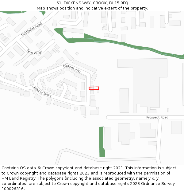 61, DICKENS WAY, CROOK, DL15 9FQ: Location map and indicative extent of plot