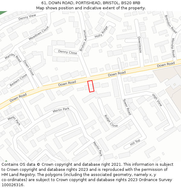 61, DOWN ROAD, PORTISHEAD, BRISTOL, BS20 8RB: Location map and indicative extent of plot