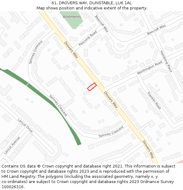 61, DROVERS WAY, DUNSTABLE, LU6 1AL: Location map and indicative extent of plot