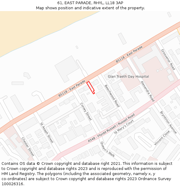 61, EAST PARADE, RHYL, LL18 3AP: Location map and indicative extent of plot