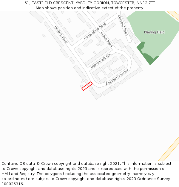 61, EASTFIELD CRESCENT, YARDLEY GOBION, TOWCESTER, NN12 7TT: Location map and indicative extent of plot