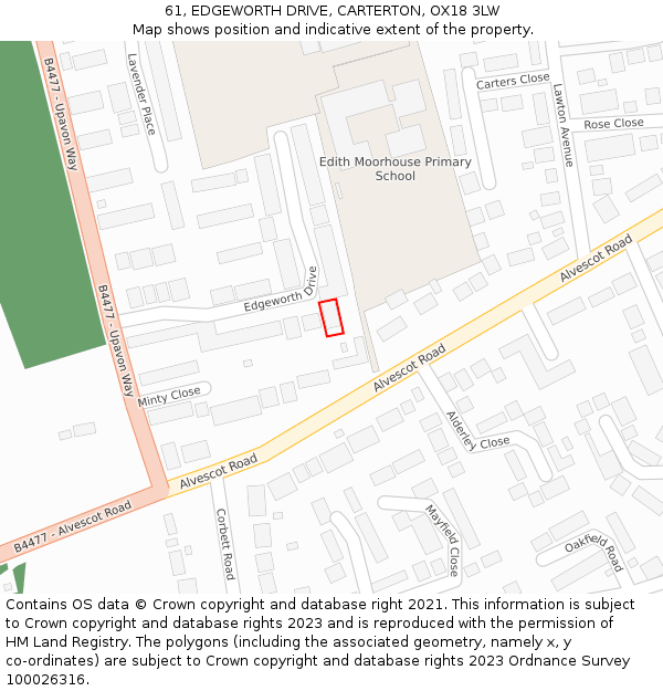 61, EDGEWORTH DRIVE, CARTERTON, OX18 3LW: Location map and indicative extent of plot