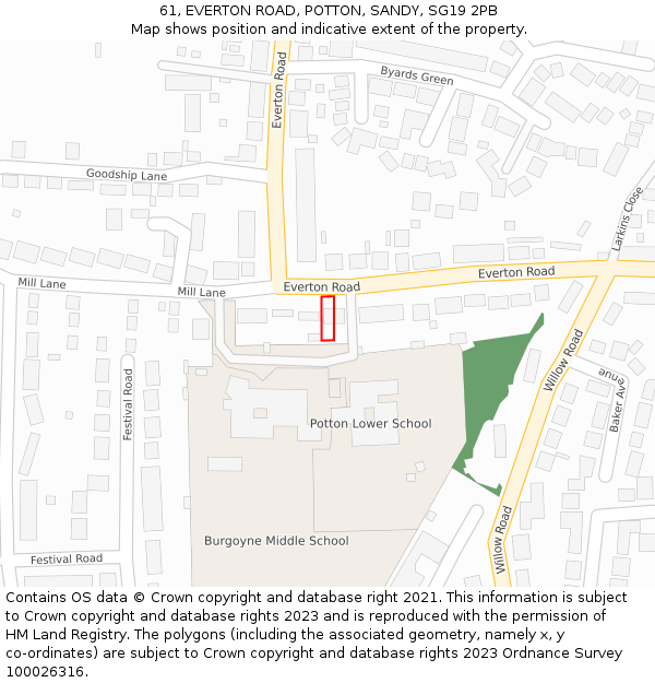 61, EVERTON ROAD, POTTON, SANDY, SG19 2PB: Location map and indicative extent of plot