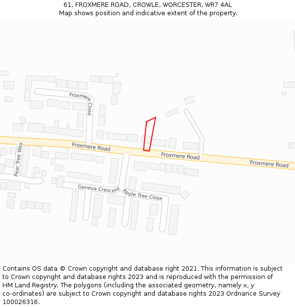 61, FROXMERE ROAD, CROWLE, WORCESTER, WR7 4AL: Location map and indicative extent of plot