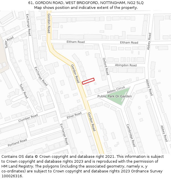 61, GORDON ROAD, WEST BRIDGFORD, NOTTINGHAM, NG2 5LQ: Location map and indicative extent of plot